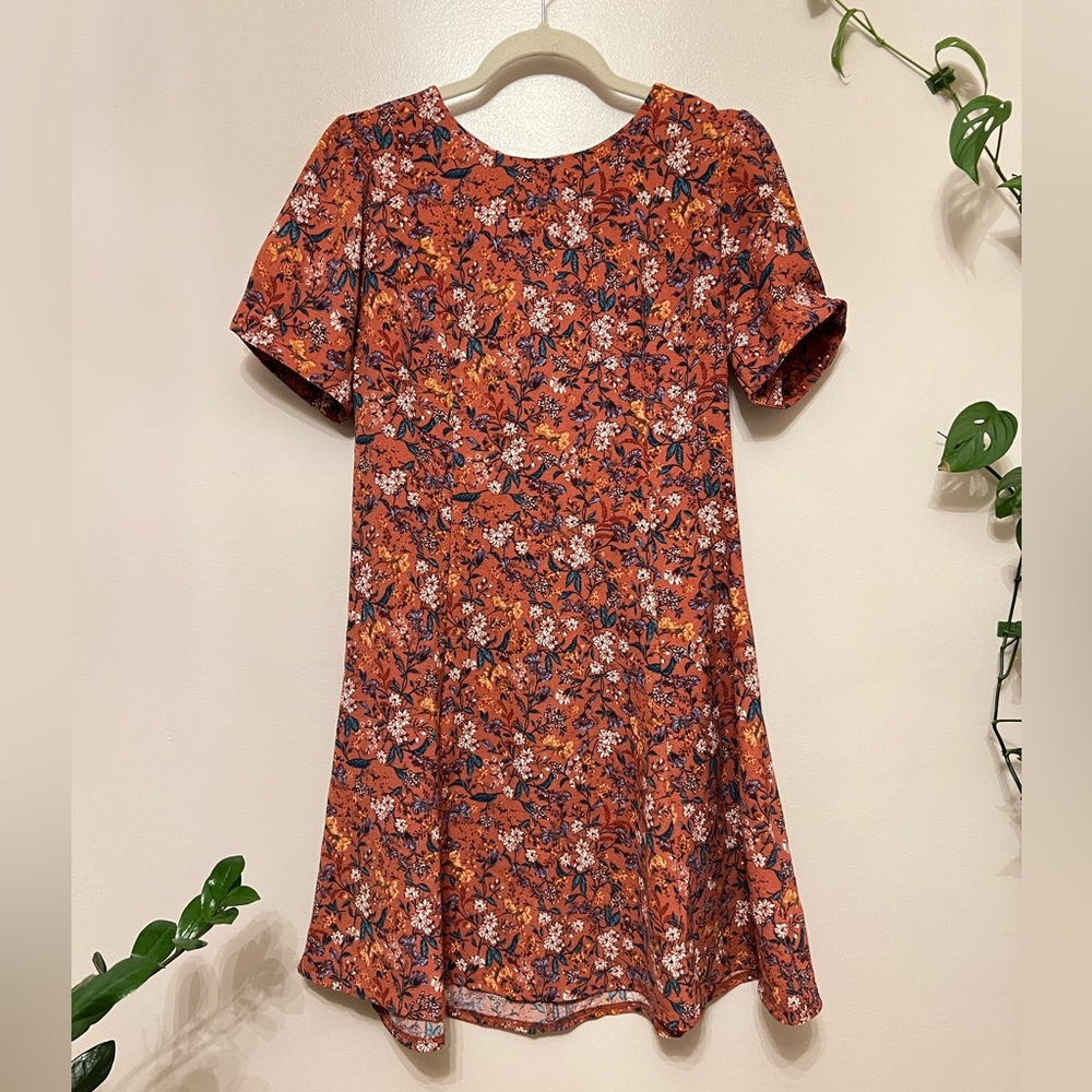 Gilli Rust Floral Fit & Flare Mini Dress Medium Puff Sleeve Cottagecore Boho